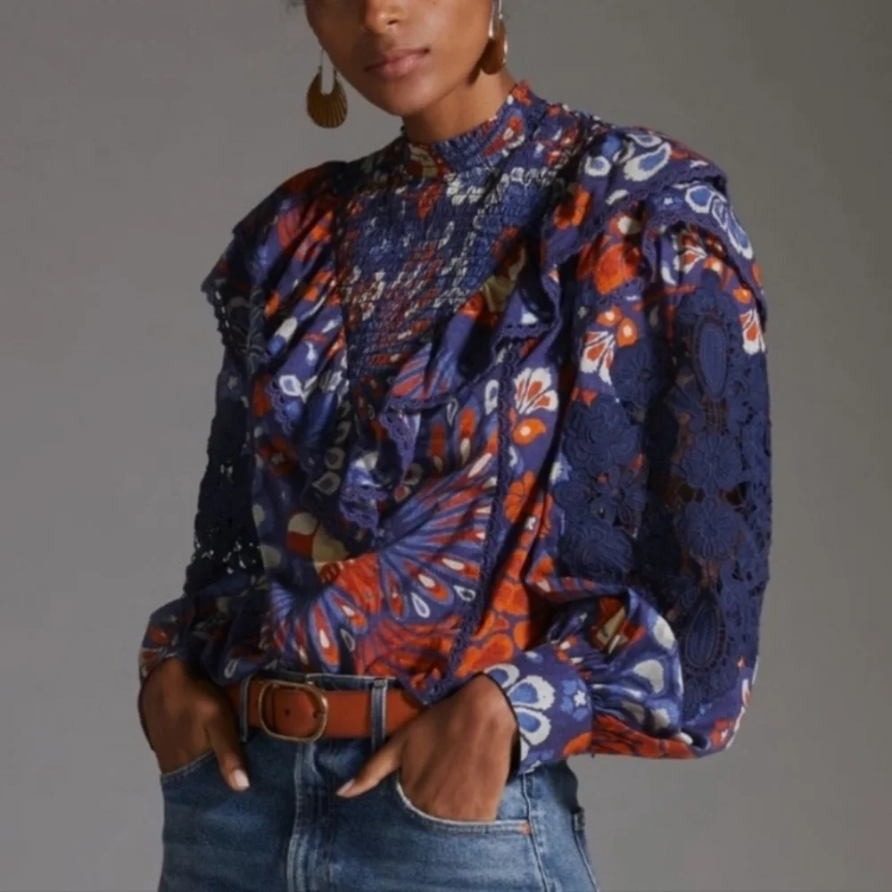 FARM RIO Smocked Pineapple Flowers Navy Blue Blouse Size Small - Picture 1 of 13
